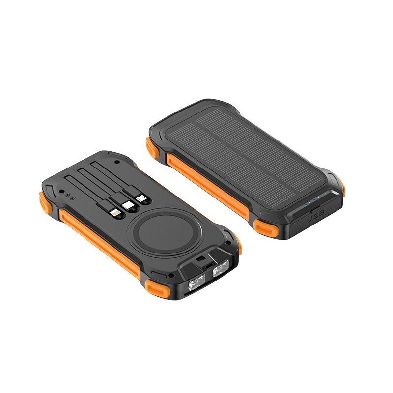 Solar wireless power bank  10000mAh multi-port fast power bank outdoor travel emergency LED light Built-in charging cable and 2 outdoor portable power banks.