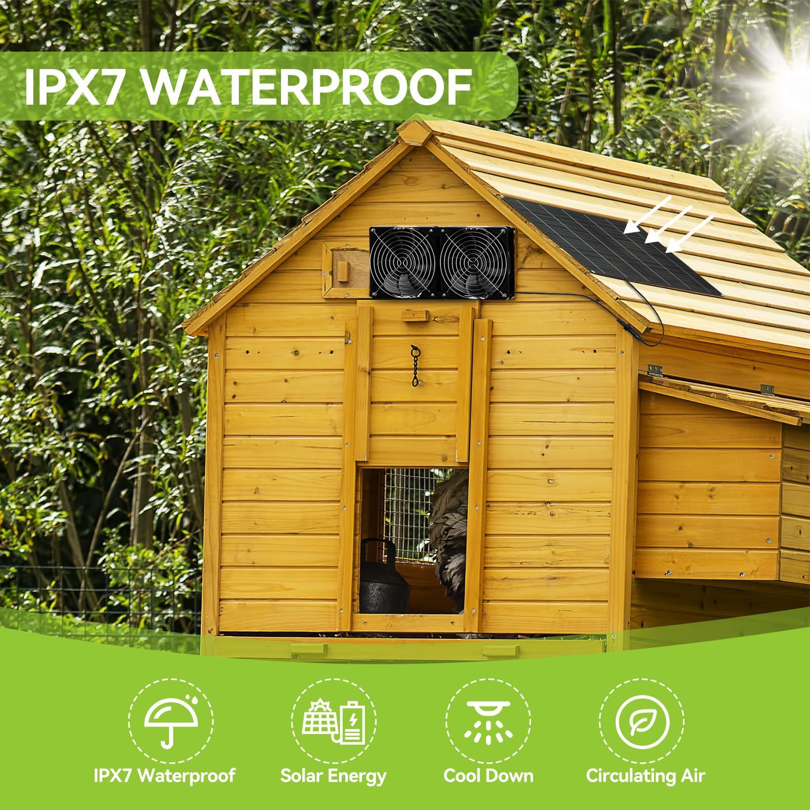 Single crystal 15W12V solar photovoltaic strip with two IPX7 waterproof fans for outdoor greenhouse sheds
