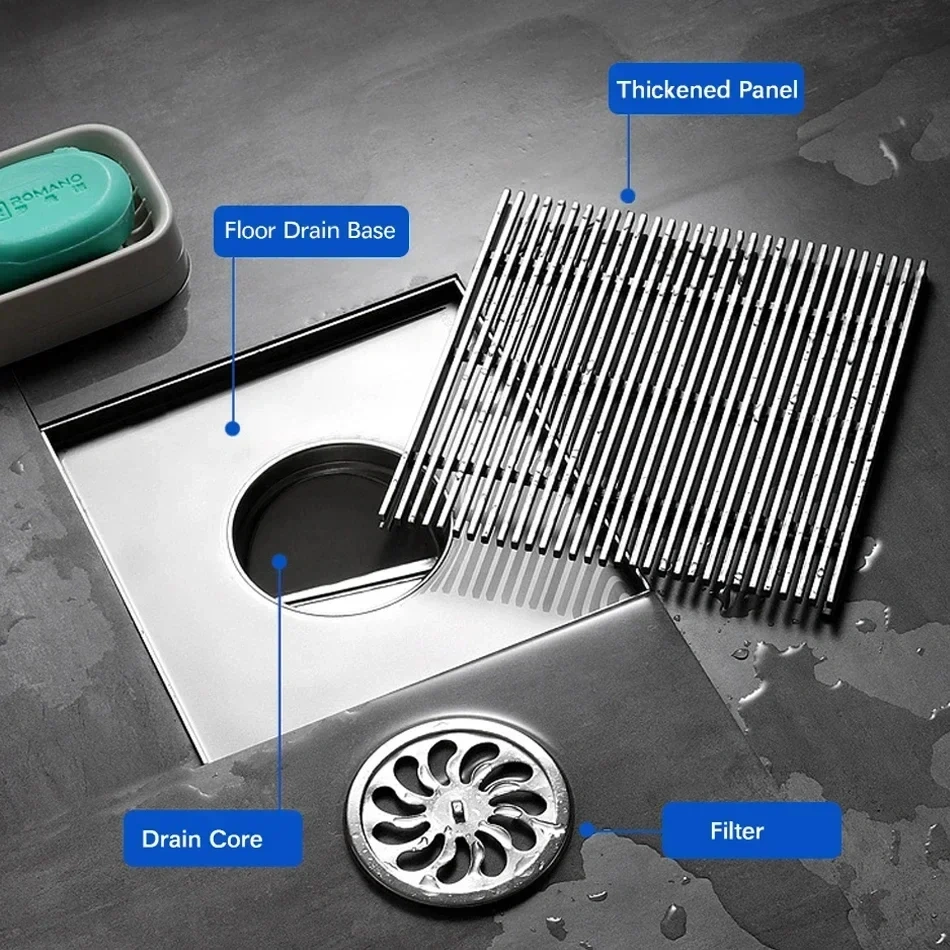 Floor Drains Cover 10/12/15/20cm,304 Stainless Steel Brushed Square Anti-odor Bathroom Shower Drainage Floor Drains， 싱크대