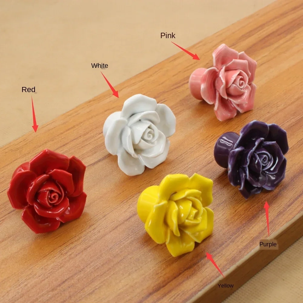 Ceramic Flower Rose Drawer Knobs Rural Cabinet Cupboard handles  Fashion Cabinet Cupboard Handles Natural Ceramic Handle