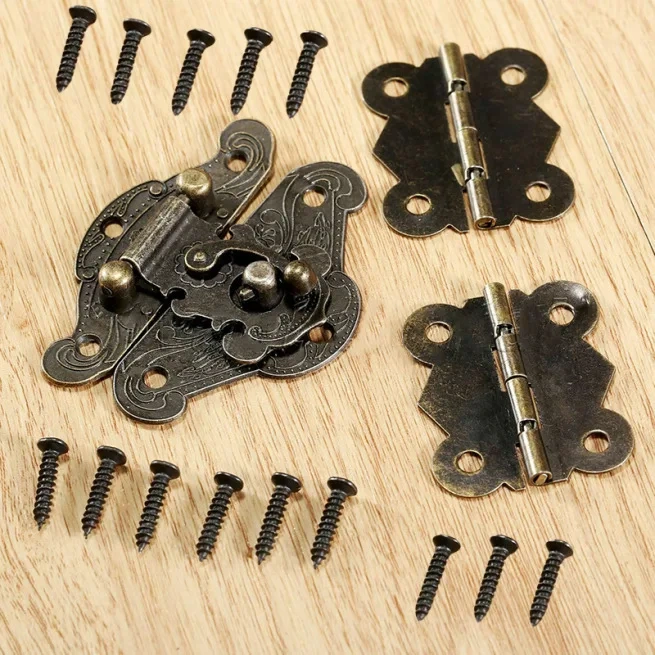 1 set Antique Bronze Furniture Hardware Box Latch Hasp Locks Toggle Buckle 2Pcs Decorative Cabinet Hinges for Jewelry Wooden Box