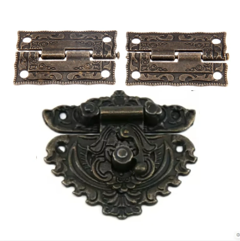 1 set Antique Bronze Furniture Hardware Box Latch Hasp Locks Toggle Buckle 2Pcs Decorative Cabinet Hinges for Jewelry Wooden Box