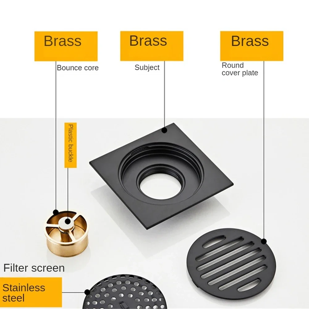 Floor Drain Hotaan Anti-odor Matte Black Bathtub Shower Drainer Floor 10cm Brass Square Floor Shower Drain Waste Grate Drain