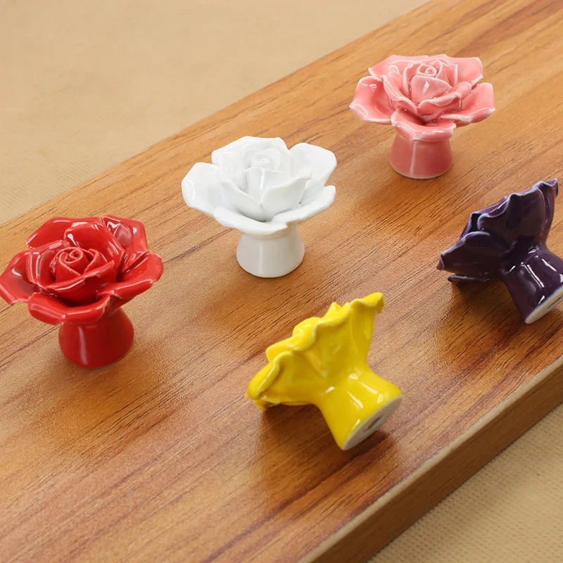 Ceramic Flower Rose Drawer Knobs Rural Cabinet Cupboard handles  Fashion Cabinet Cupboard Handles Natural Ceramic Handle