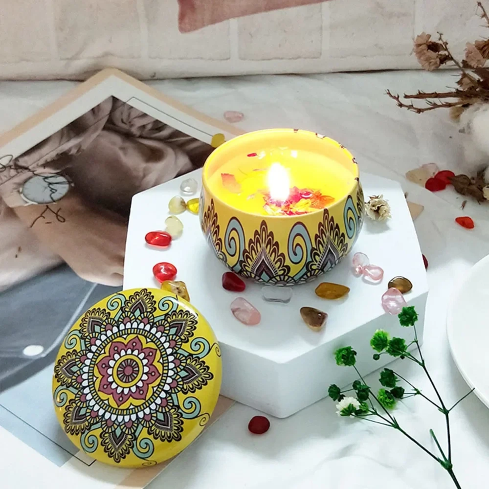 4pcs/set, Scented Candles Gift Box, Exquisite Pattern Soy Wax Candles, Aromatherapy Stress Relief For Home Room Decor