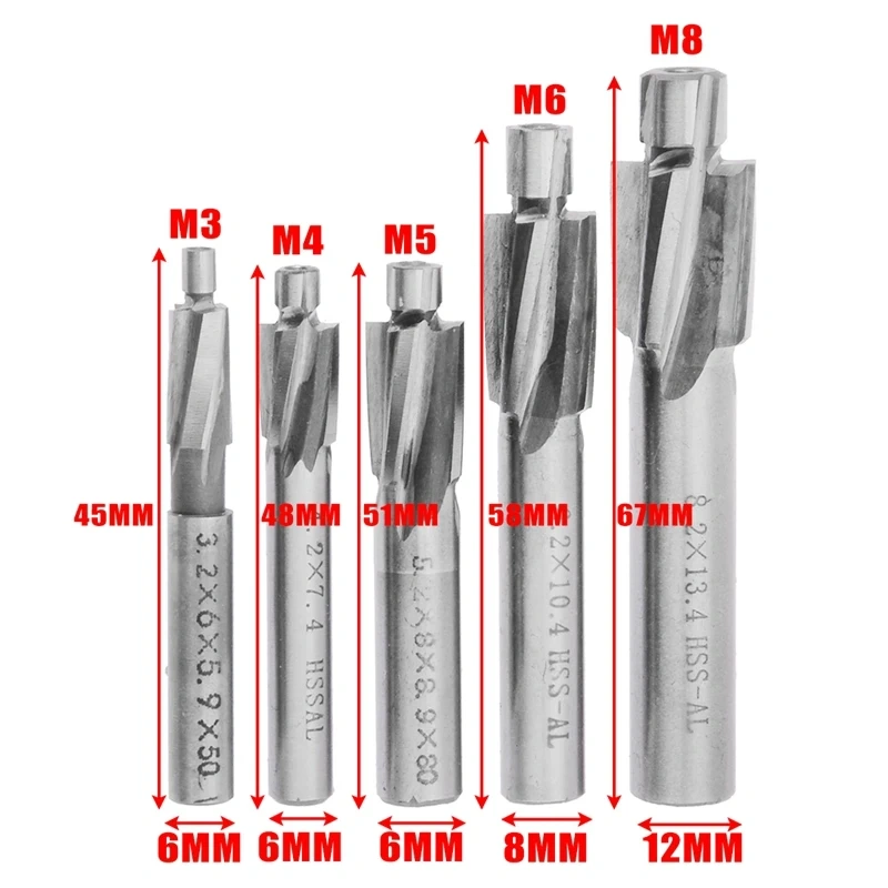 5Pcs/lot HSS Counterbore End Mill M3-M8 Pilot Slotting Tool Milling Cutter Countersink End Mills