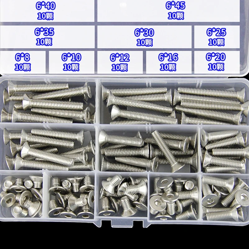 304 Stainless Steel M3 M4 M5 M6  Flat and Hexagon Socket Head Cap Screws Hex Socket Bicycle Bolts Kit