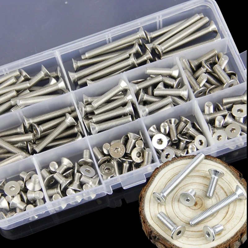304 Stainless Steel M3 M4 M5 M6  Flat and Hexagon Socket Head Cap Screws Hex Socket Bicycle Bolts Kit