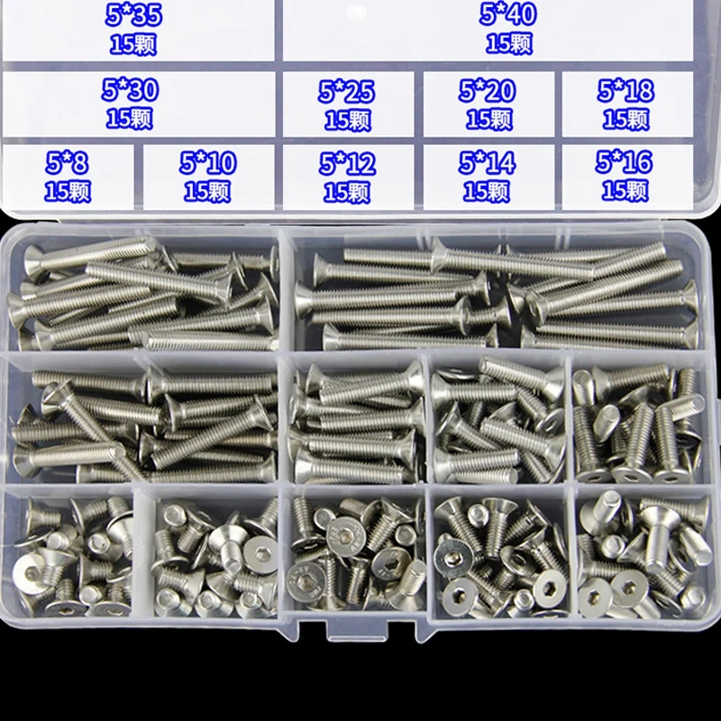304 Stainless Steel M3 M4 M5 M6  Flat and Hexagon Socket Head Cap Screws Hex Socket Bicycle Bolts Kit