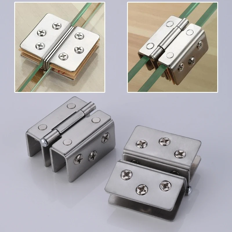1pcs Glass Door Hinge Double Sided Without Hole Stainless Steel Cabinet Cupboard Glass Clamps Clip for 4/9/12mm 180 Degree