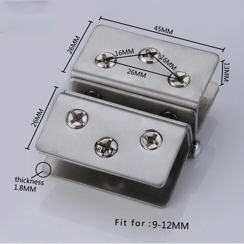 1pcs Glass Door Hinge Double Sided Without Hole Stainless Steel Cabinet Cupboard Glass Clamps Clip for 4/9/12mm 180 Degree