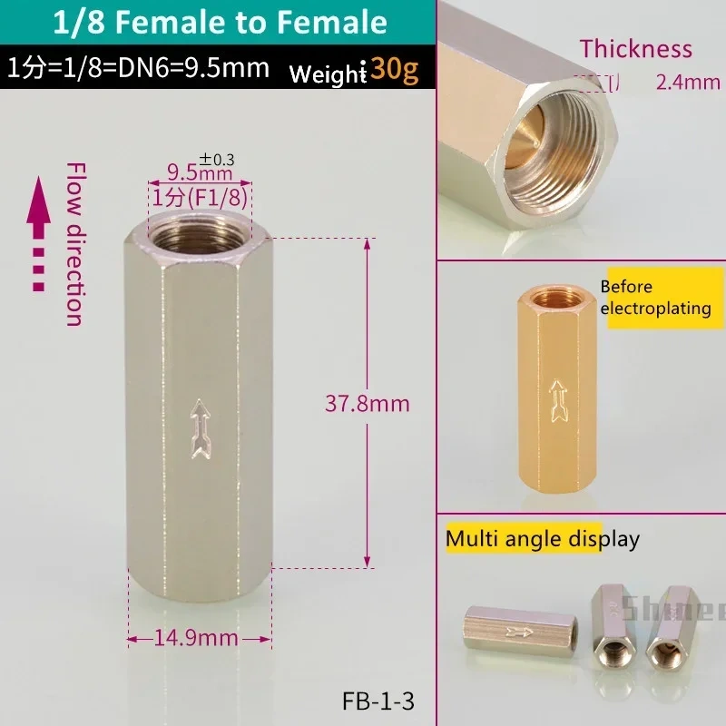 Pneumatic Check Valve Hexagonal Copper Nickel Plated Male Female thread 1/8" 1/4" 3/8" 1/2" Gas One Way Valve Air Brass Valve