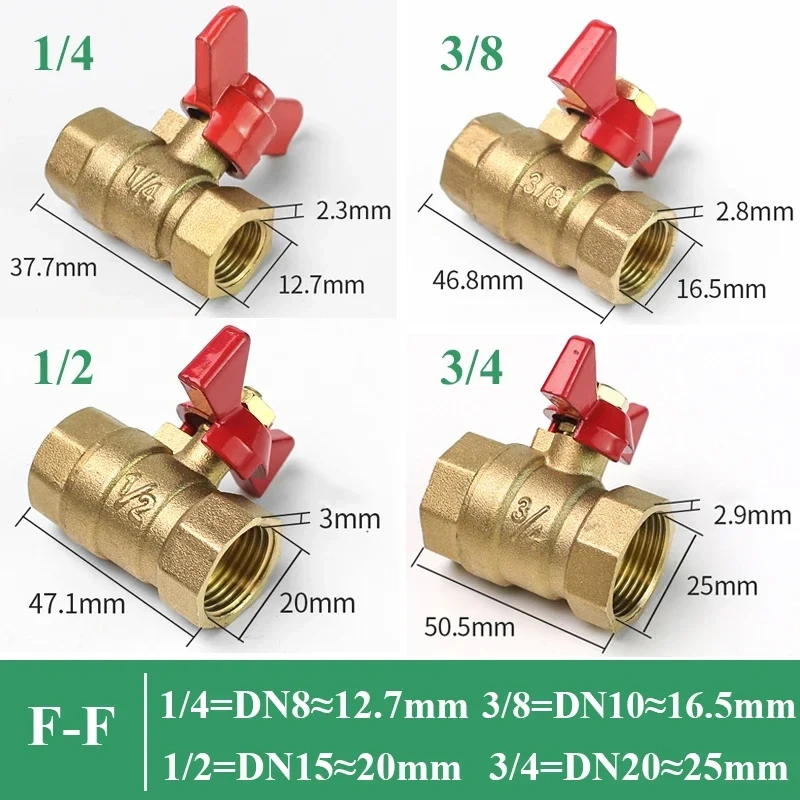 1/4" 3/8" 1/2" 3/4" Female To Female Thread Two Way Brass Shut Off Ball Valve With Butterfly Handle For Fuel Gas Water Oil Air