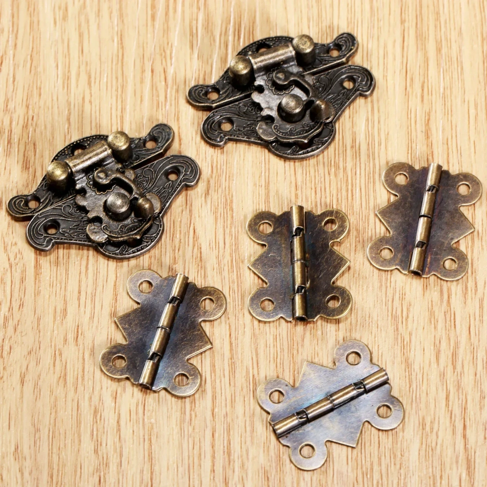 6Pcs/set Cabinet Hinges with Antique Bronze Jewelry Wooden Box Case Toggle Hasp Latch Furniture Accessories Vintage Hardware