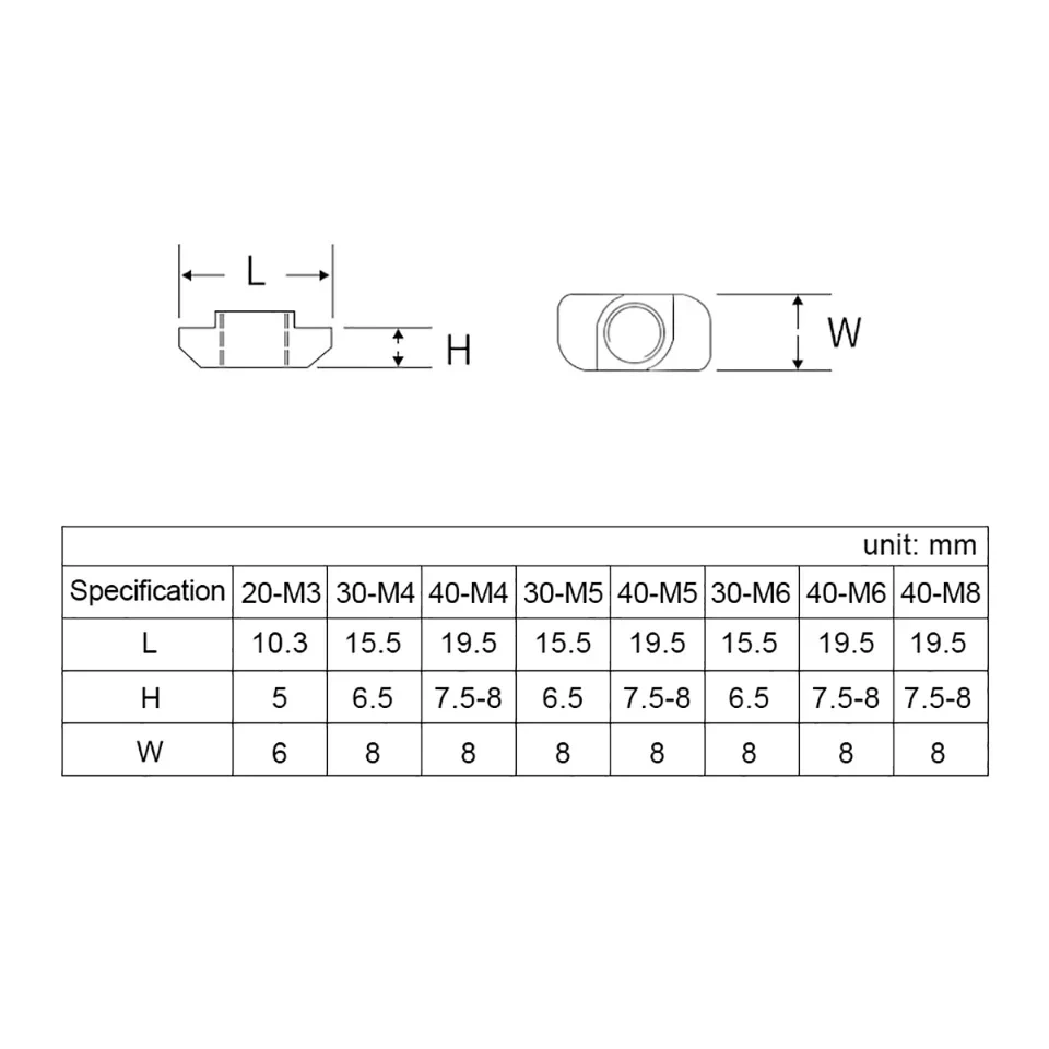 20/50pcs M3 M4 M5 M6 M8 Slot T-nut Sliding T Nut Hammer Drop In Nut Fasten Connector 2020/3030/40 EU Aluminum Extrusion Profile