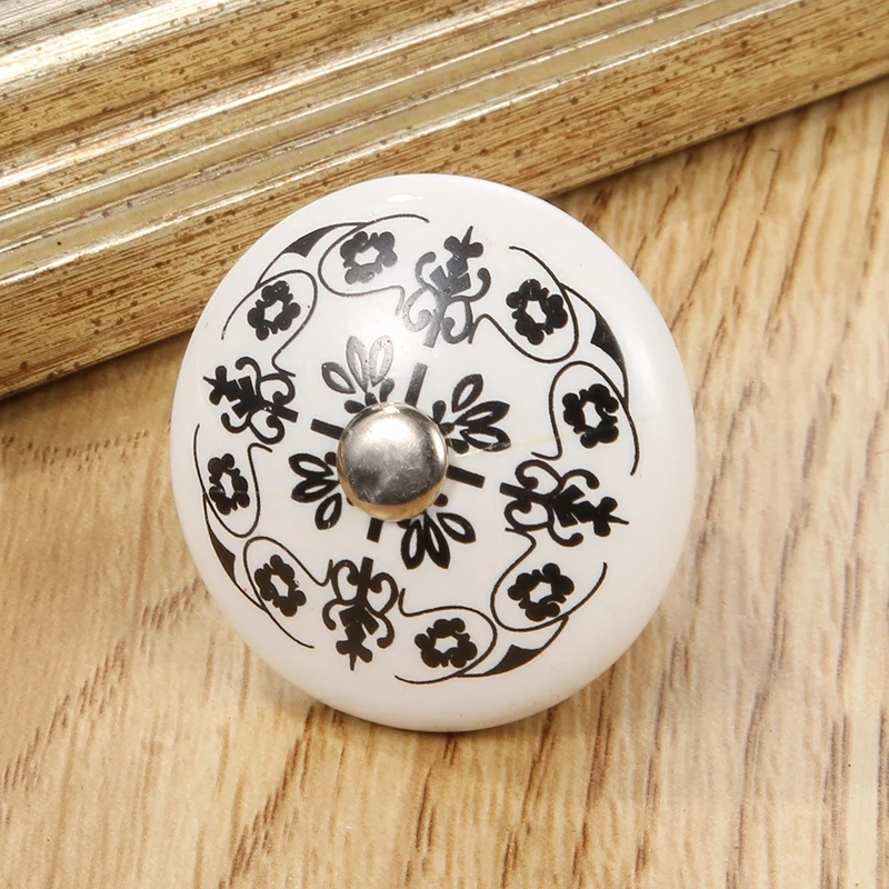 White Print Ceramic Door Knobs And Handles Furniture Drawer Knobs Cupboard Door Handles Single Hole Cabinet Handles With Screws
