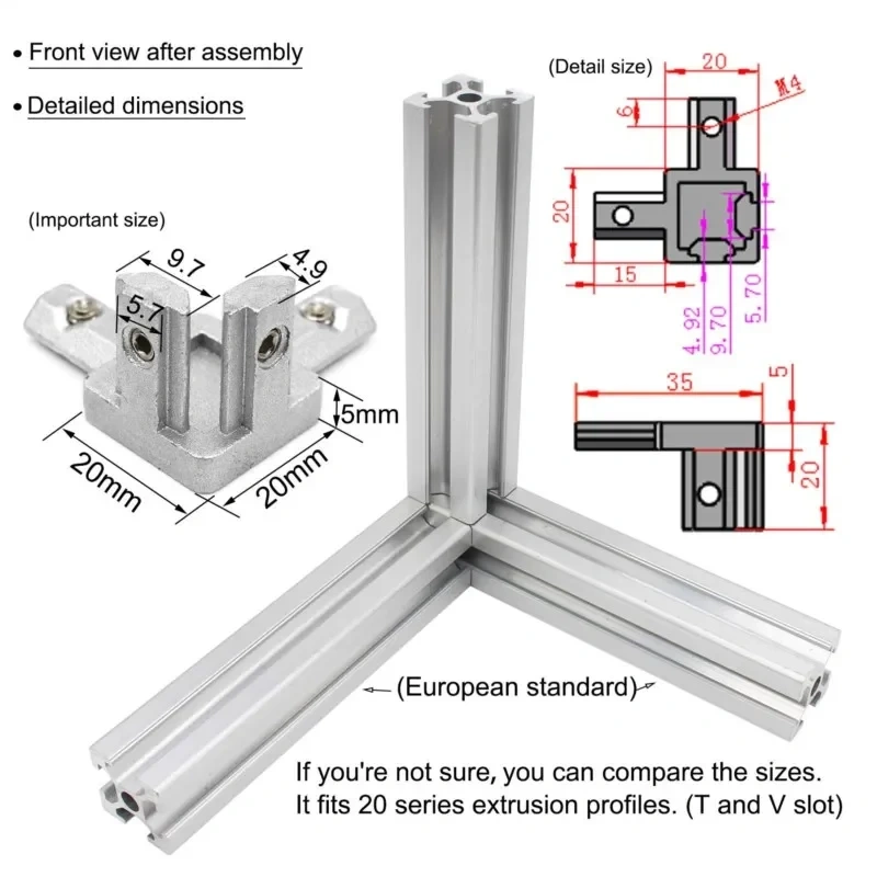 4pcs 3 Way End Angle Bracket Connectors For Europe Standard Aluminium Extrusion Profile 2020 Series Socket 6mm With Screws