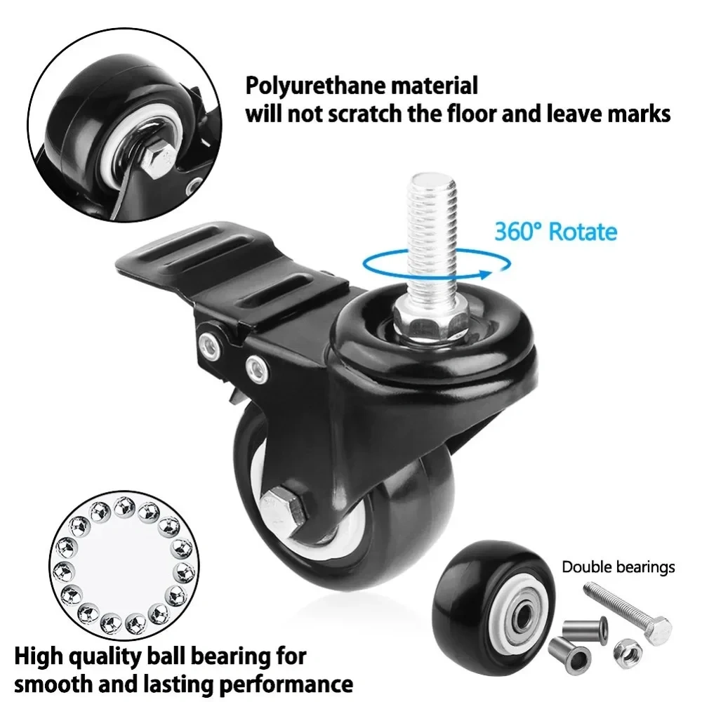4Pcs Heavy Duty 1.5"/2" Swivel Caster Wheels Threaded Stem with Brake Trolley Furniture Caster M8/M10 Threaded Stem
