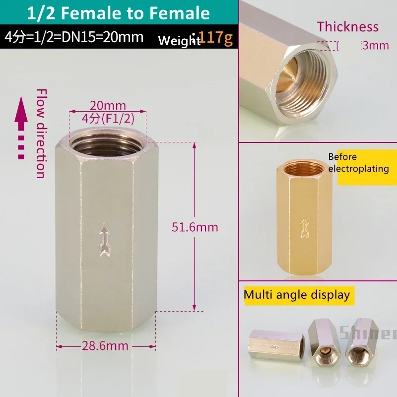 Pneumatic Check Valve Hexagonal Copper Nickel Plated Male Female thread 1/8" 1/4" 3/8" 1/2" Gas One Way Valve Air Brass Valve