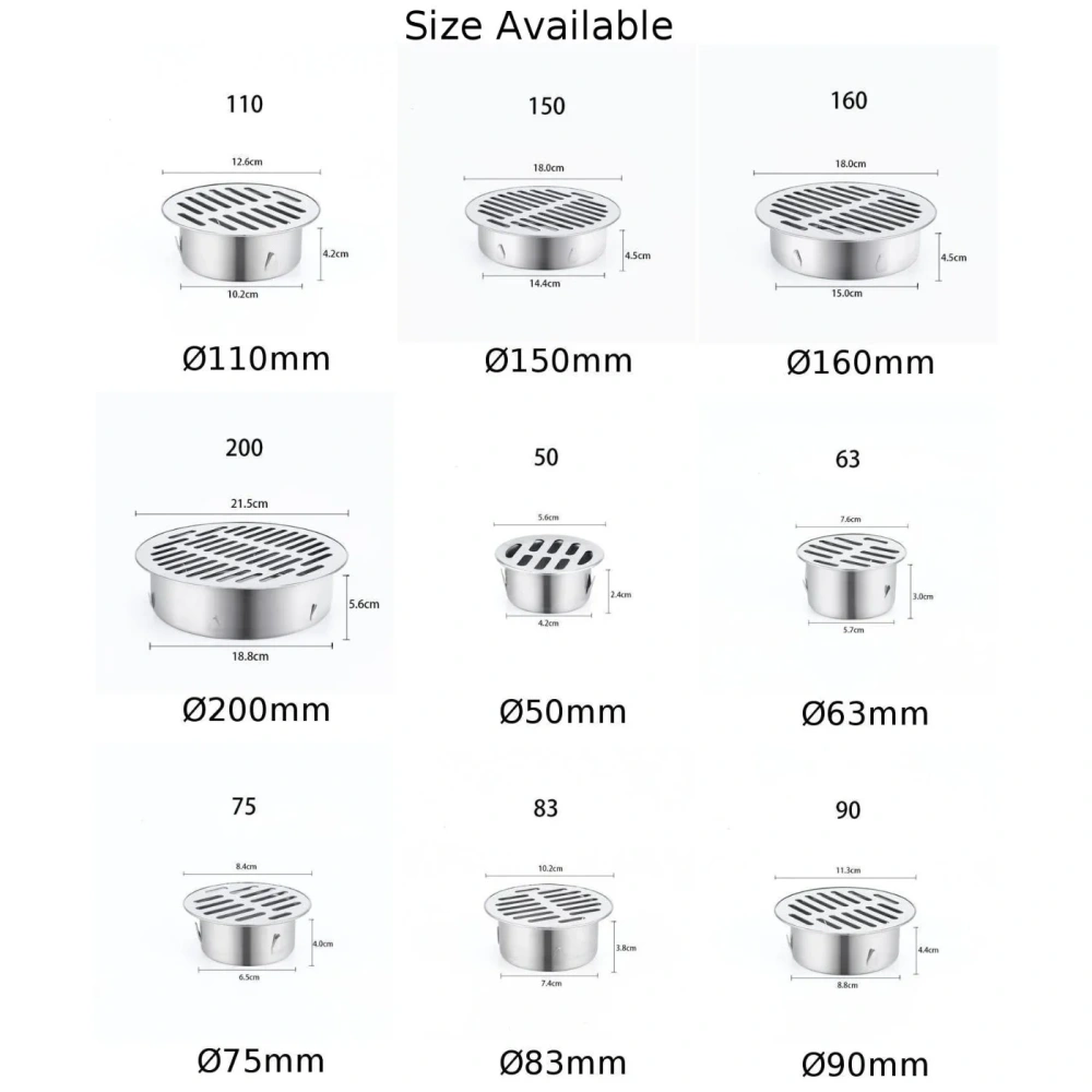 1pc Floor Drain 50-200mm Stainless Steel Round Rain Pipe Cap Anti-blocking Floor Strainer For Bathroom Balcony Drainage Roof