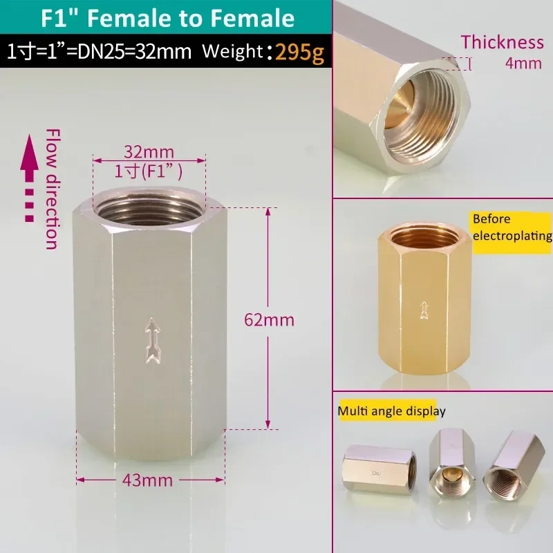 Pneumatic Check Valve Hexagonal Copper Nickel Plated Male Female thread 1/8" 1/4" 3/8" 1/2" Gas One Way Valve Air Brass Valve
