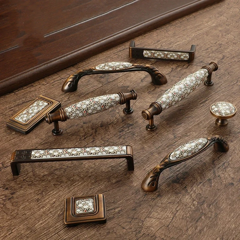 Antique Bronze Ceramic Cabinet Handles Vintage Drawer Knobs Wardrobe Door Handles European Furniture Handle Hardware