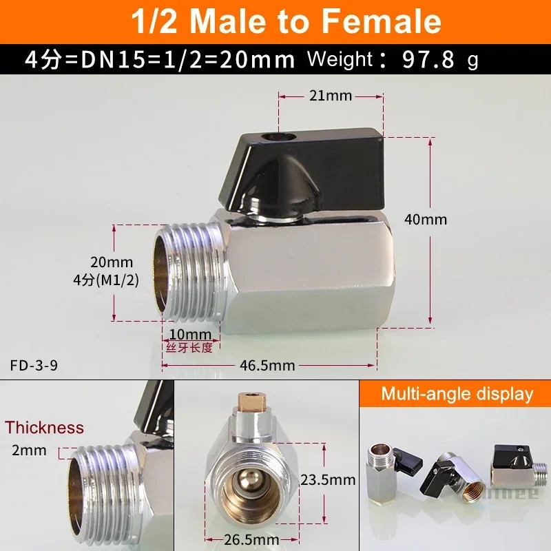 1/8" 1/4" 3/8" 1/2" Brass Ball Valve BSP Threaded Black Mini Valve Male To Female Air Compressor Water Gas Oil Shut Off Valve