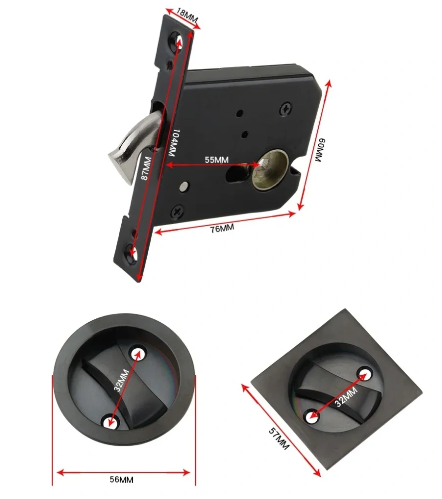 Keyless Bed Bath Door Lock Mortise Lock Set Flush Recessed Pull Ring Double-Sided Square Round Escape