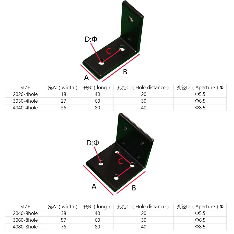 90 Degree Bracket Fastener Black Brackets Corner fitting angle aluminum L Connector for Connector Aluminium Profile CNC Router