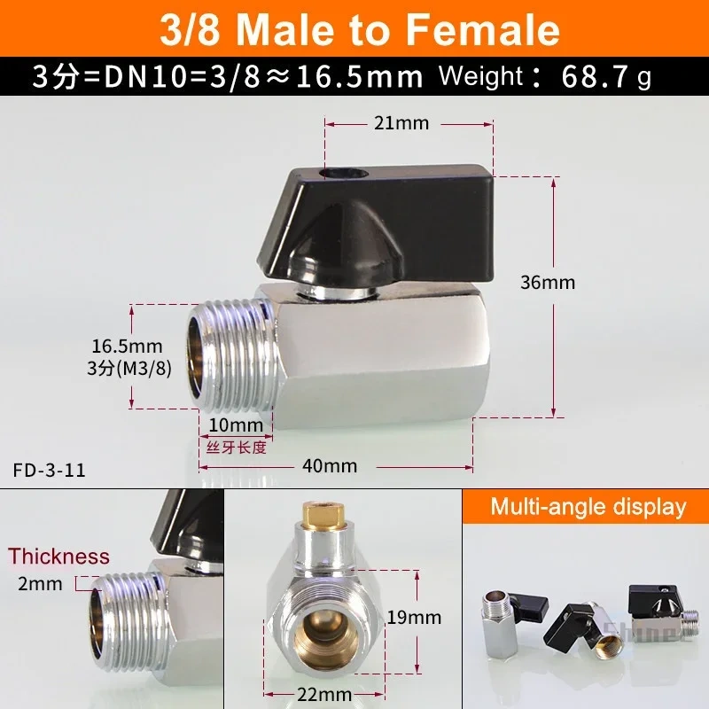 1/8" 1/4" 3/8" 1/2" Brass Ball Valve BSP Threaded Black Mini Valve Male To Female Air Compressor Water Gas Oil Shut Off Valve