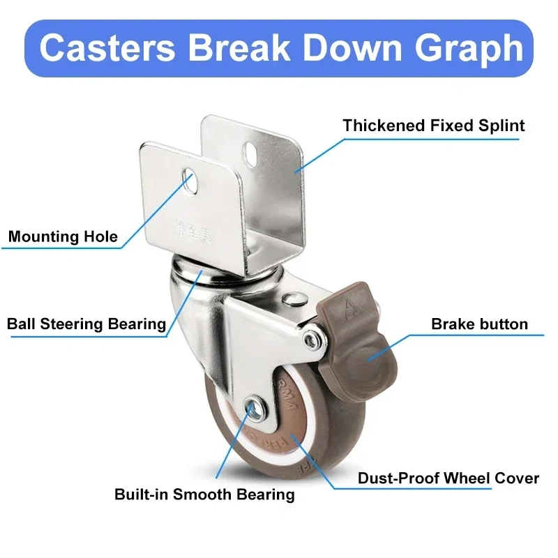 1.5” Furniture Crib Casters Cabinet Clamp with Brake Wheels Soft Rubber Swivel Caster Furniture Hardware Fittings Pack of 4