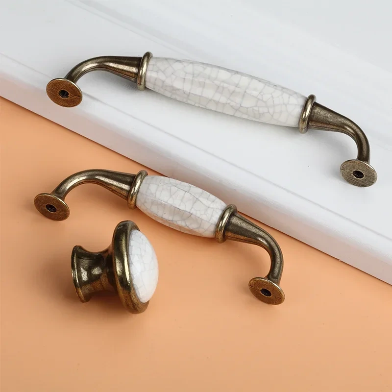 Antique Crack Design Wardrobe Door Knobs Handles Marble Ceramic Cabinet Drawer Knobs European Style Furniture Hardware