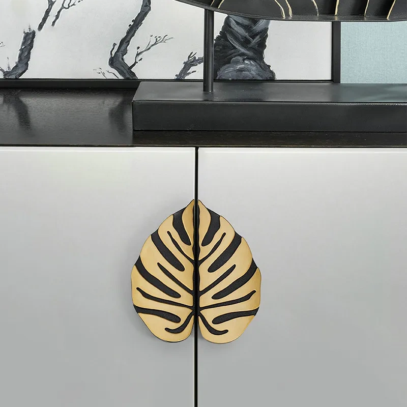 Leaf Handle Black Gold Leaves Creative Cabinet Handles Drawer knobs Wardrobe Door handles Furniture Handles