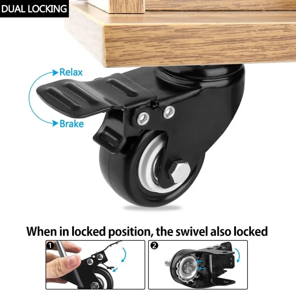 4Pcs Heavy Duty 1.5"/2" Swivel Caster Wheels Threaded Stem with Brake Trolley Furniture Caster M8/M10 Threaded Stem