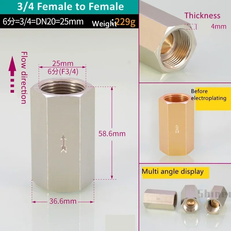 Pneumatic Check Valve Hexagonal Copper Nickel Plated Male Female thread 1/8" 1/4" 3/8" 1/2" Gas One Way Valve Air Brass Valve