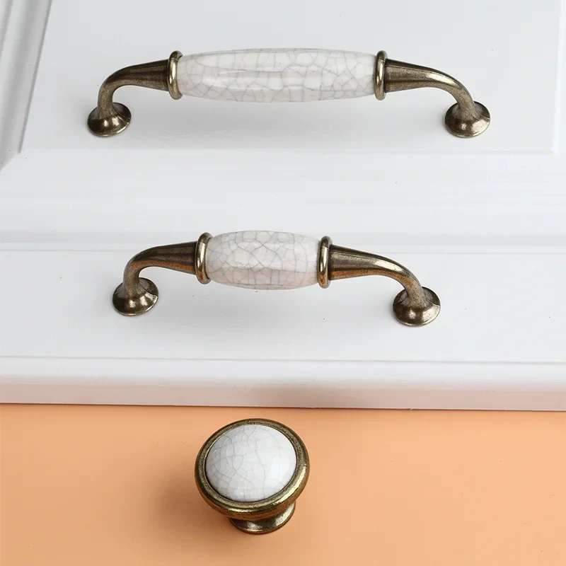 Antique Crack Design Wardrobe Door Knobs Handles Marble Ceramic Cabinet Drawer Knobs European Style Furniture Hardware