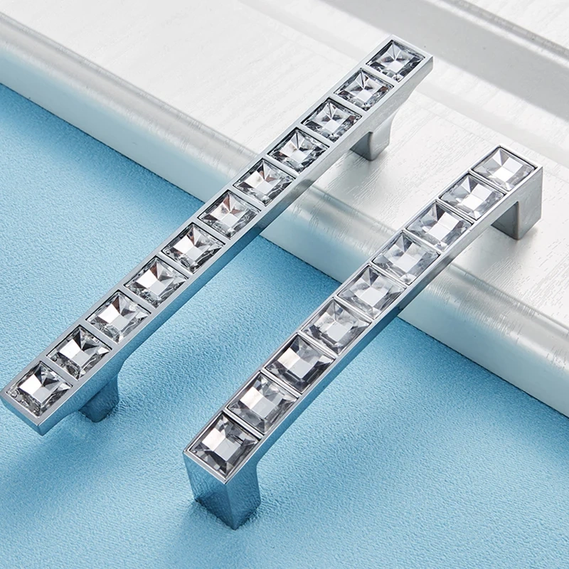 Modern Crystal Glass Knobs Cabinet Handles Silver Crystal Cupboard Pulls Drawer Knobs Kitchen Furniture Handle Hardware
