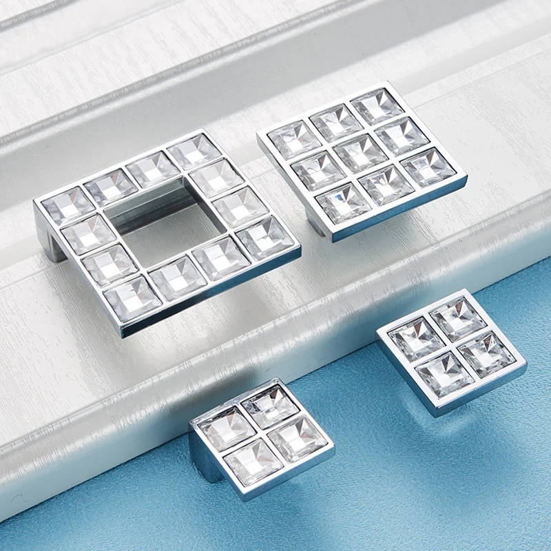 Modern Crystal Glass Knobs Cabinet Handles Silver Crystal Cupboard Pulls Drawer Knobs Kitchen Furniture Handle Hardware