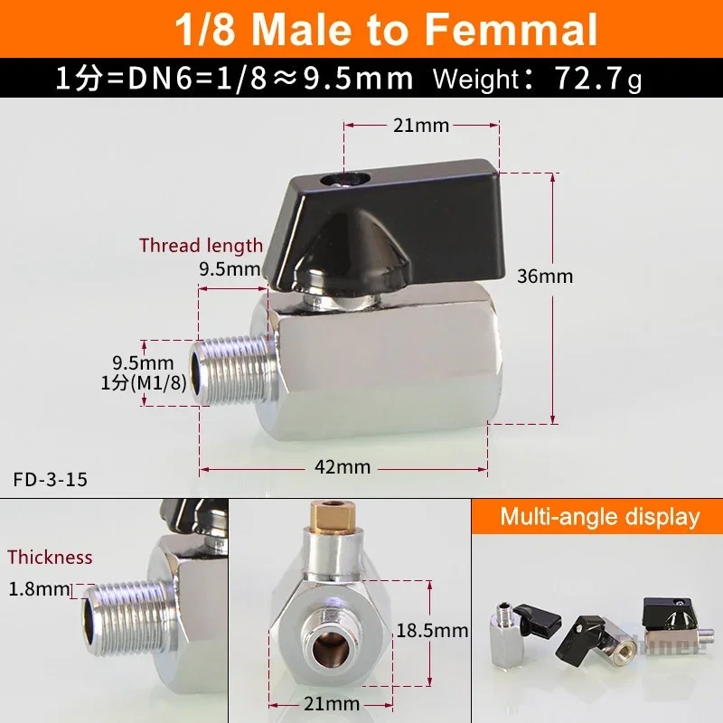1/8" 1/4" 3/8" 1/2" Brass Ball Valve BSP Threaded Black Mini Valve Male To Female Air Compressor Water Gas Oil Shut Off Valve