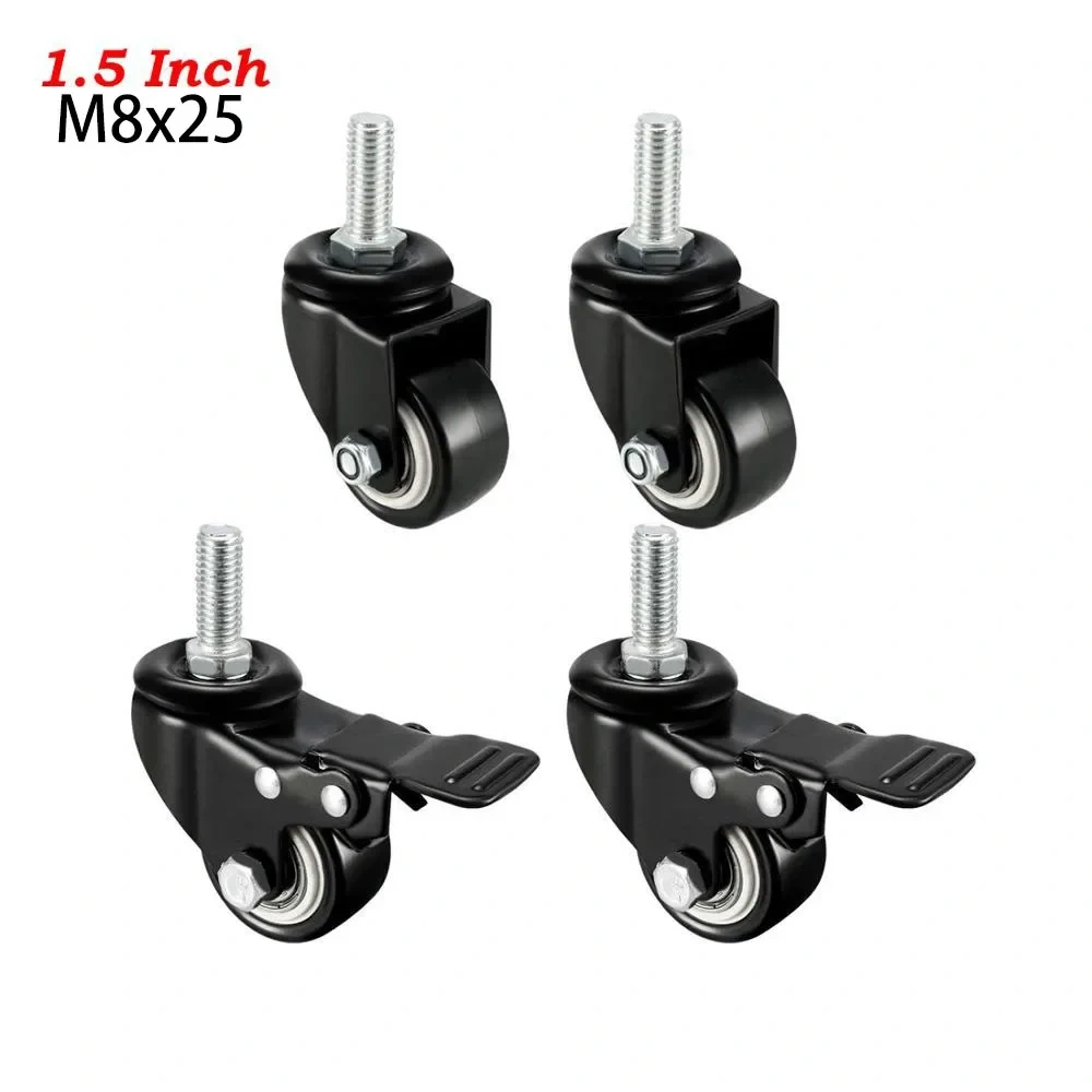 4Pcs Heavy Duty 1.5"/2" Swivel Caster Wheels Threaded Stem with Brake Trolley Furniture Caster M8/M10 Threaded Stem