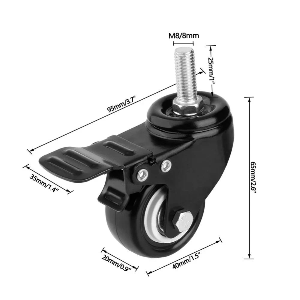 4Pcs Heavy Duty 1.5"/2" Swivel Caster Wheels Threaded Stem with Brake Trolley Furniture Caster M8/M10 Threaded Stem