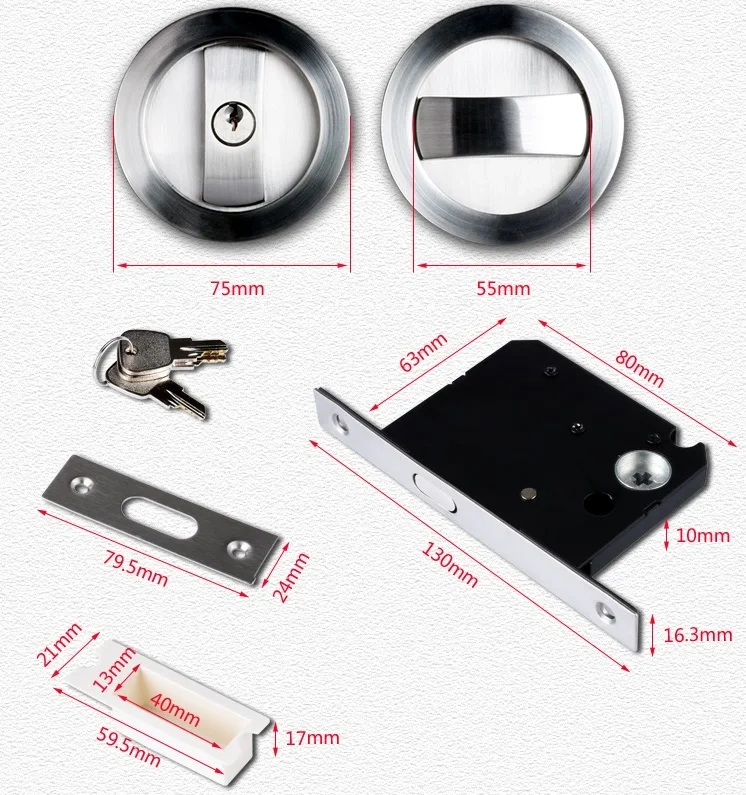 Sliding Door Lock set Kit 35-50mm Door Thickness Hook Lock Pocket door Round