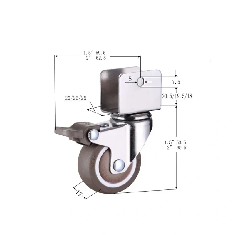 1.5” Furniture Crib Casters Cabinet Clamp with Brake Wheels Soft Rubber Swivel Caster Furniture Hardware Fittings Pack of 4