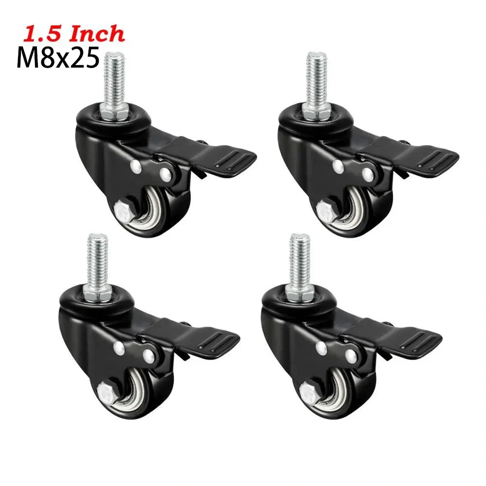 4Pcs Heavy Duty 1.5"/2" Swivel Caster Wheels Threaded Stem with Brake Trolley Furniture Caster M8/M10 Threaded Stem