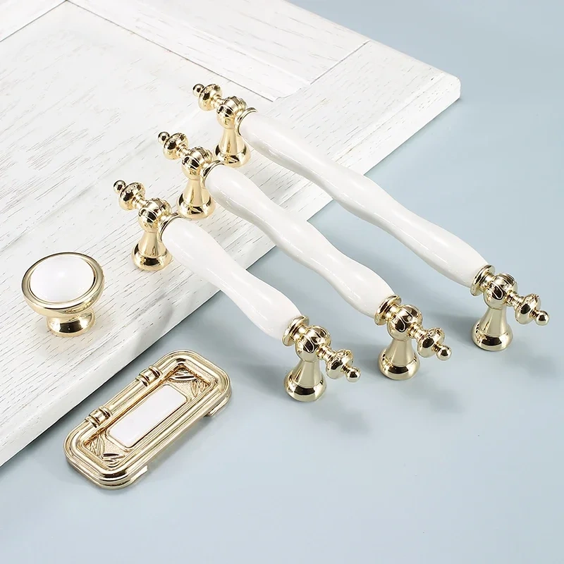 Golden Kitchen Cupboard Door Handles Drawer Knobs European White Furniture Pulls