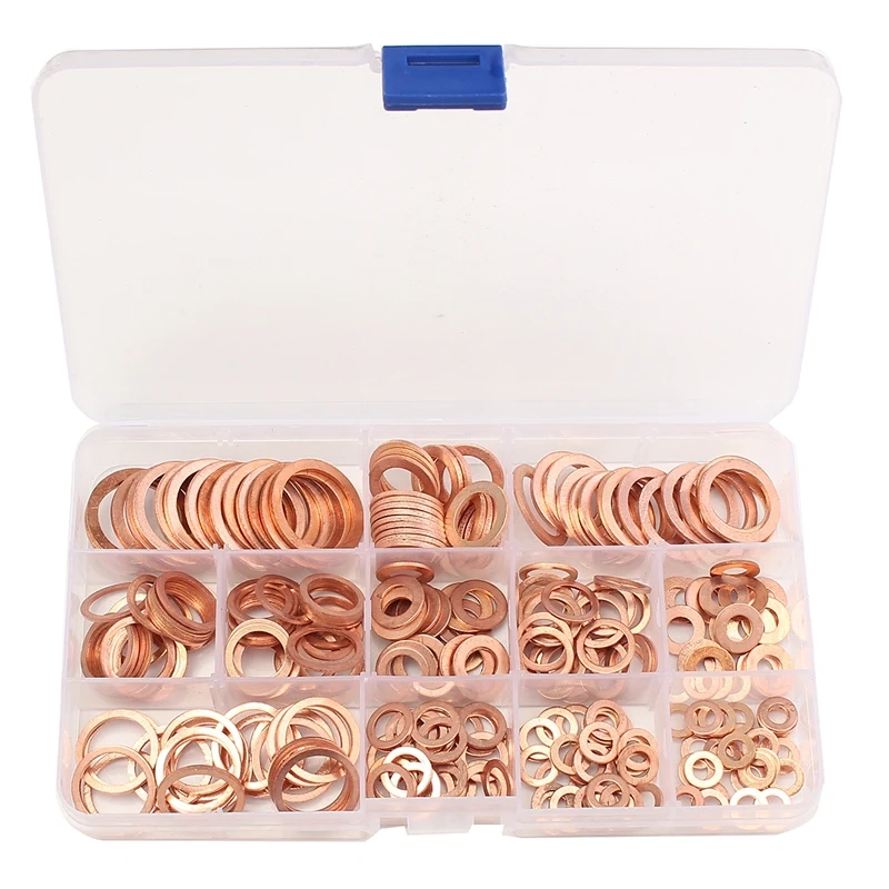 280PCs Solid Copper Ring Washers Sump Plug Assorted Washer Set Plastic Box Great 12 Sizes Oil Seal Metal Washer Plain