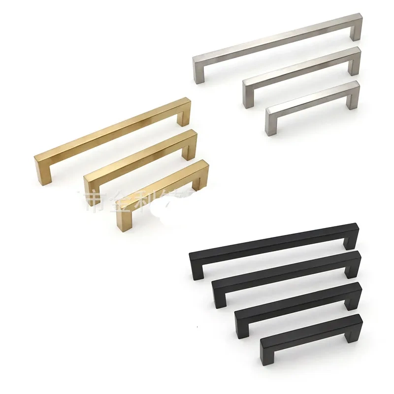Modern Black Cabinet Handle Square Furniture Hardware Stainless Steel Kitchen Door Knobs Cupboard Wardrobe Drawer Pulls