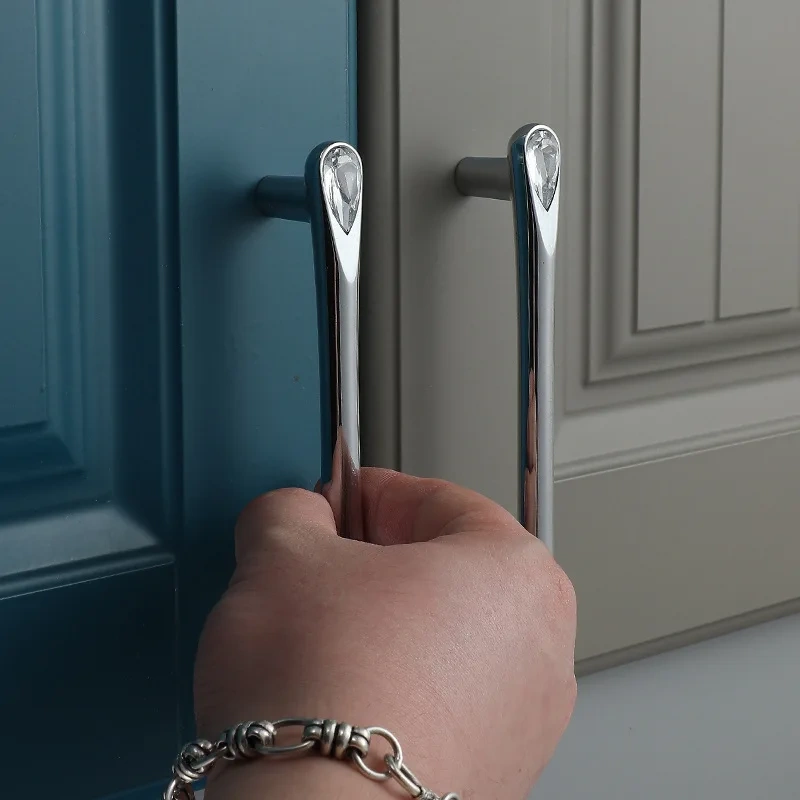 Nordic modern simple crystal Bright chrome zinc coated cabinet door handle hardware diamond crystal handle