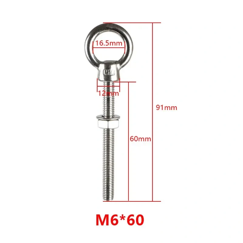 316 Stainless Steel Marine Grade Lifting Eye Bolts M6 M8 M10 Thread Casting Long Bolt With Washer And Nut