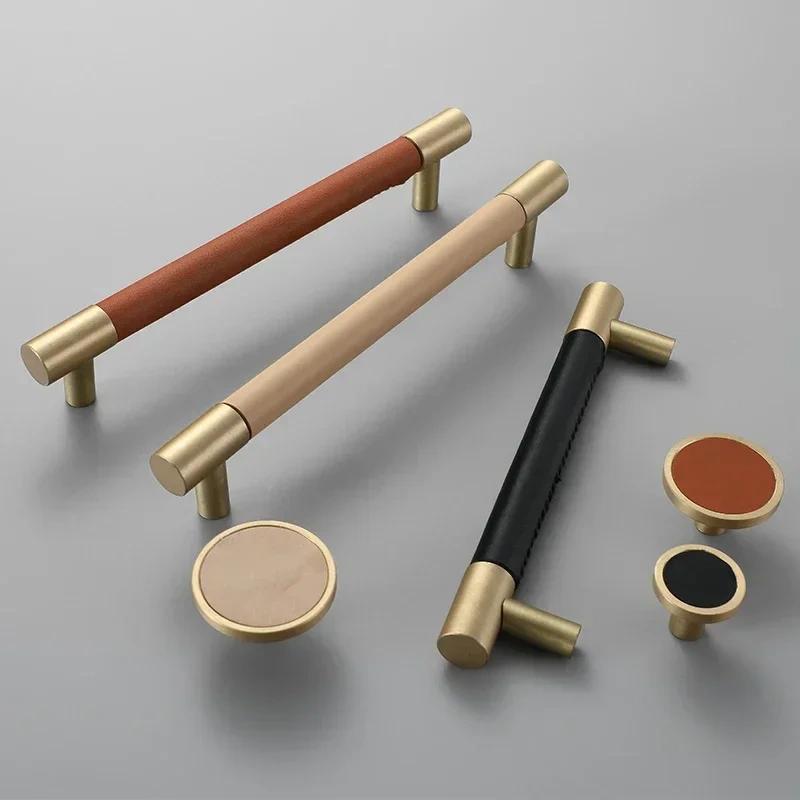 1pcs Cow Leather+brass natural Handles Drawer Cabinet Knob Kitchen Door Handle Cupboard Wardrobe Pull Handles Furniture Fittings